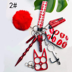 Self Defense Keychain Suit Personal Keychain For Girls Women Safety Key Ring With Hand Sanitizer Bottle Holder Pompom Whistle (Color: Red color 11piece set)